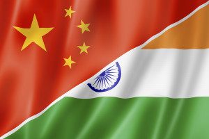 Mixed China and India flag, three dimensional render, illustration